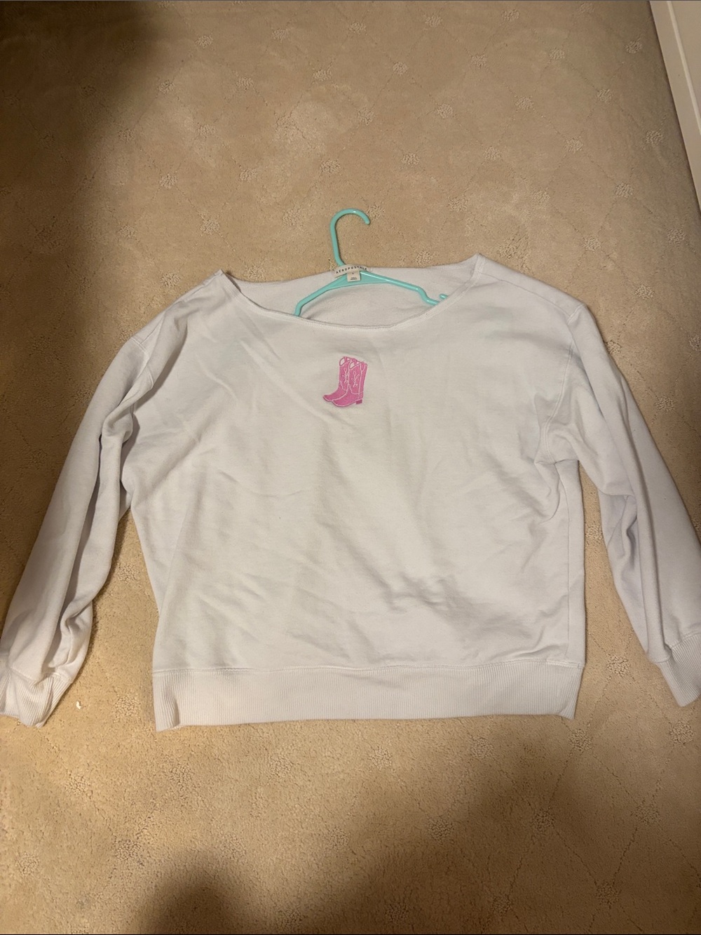 Aeropostale Off the Shoulder White Sweatshirt with Pink Cowboy Boots Large